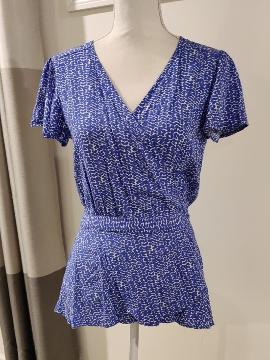 Joe Fresh Tops - Joe Fresh Wrap Short Sleeve Blue Printed Surplice Waist Peplum Top Blouse Y2K